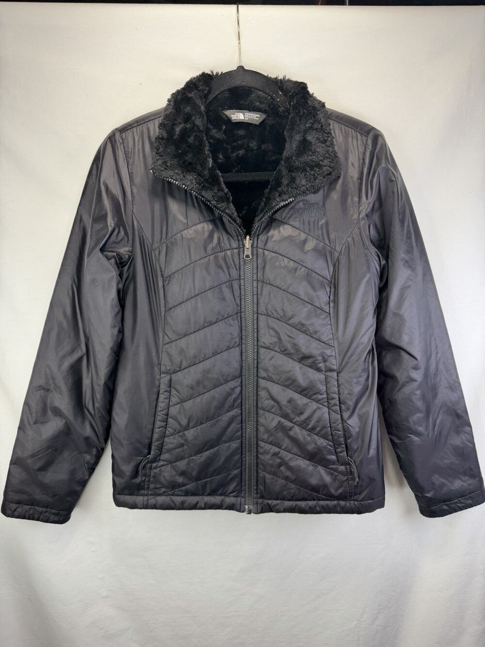 The North Face Women’s Mossbud Black Jacket Sz S Insulated Fur Lined Cozy Zip